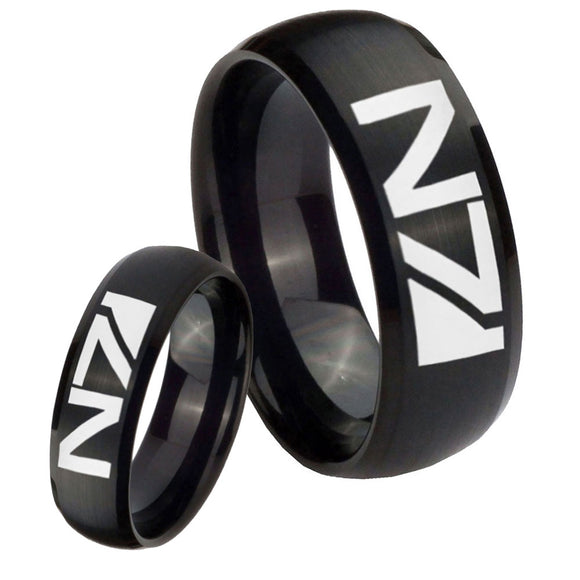 His Hers N7 Design Dome Brush Black Tungsten Mens Ring Personalized Set