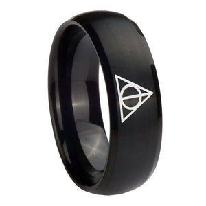 10mm Deathly Hallows Dome Brush Black Tungsten Carbide Custom Ring for Men