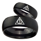 His Hers Deathly Hallows Dome Brush Black Tungsten Men's Engagement Band Set