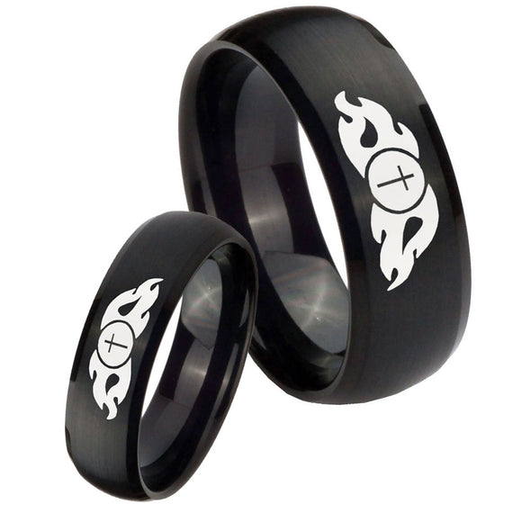 Bride and Groom Flamed Cross Dome Brush Black Tungsten Men's Bands Ring Set