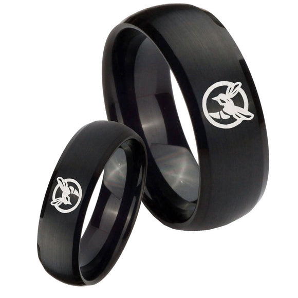 Bride and Groom Honey Bee Dome Brush Black Tungsten Mens Engagement Band Set