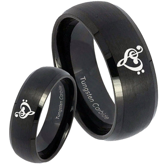 Bride and Groom Music & Heart Dome Brush Black Tungsten Carbide Men's Ring Set
