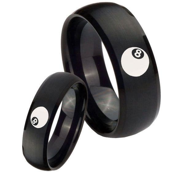 Bride and Groom 8 Ball Dome Brush Black Tungsten Carbide Mens Wedding Band Set