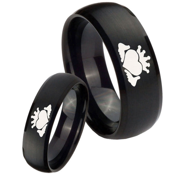 His Hers Claddagh Design Dome Brush Black Tungsten Men's Wedding Band Set