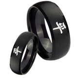 Bride and Groom Kanji Peace Dome Brush Black Tungsten Wedding Band Mens Set