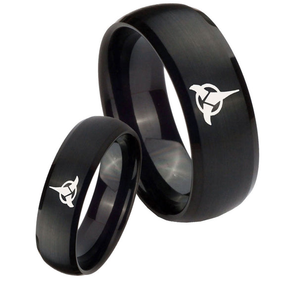 Bride and Groom Klingon Dome Brush Black Tungsten Wedding Engraving Ring Set