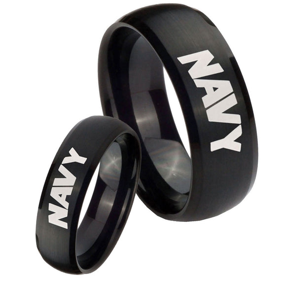 Bride and Groom Navy Dome Brush Black Tungsten Carbide Mens Ring Personalized Set