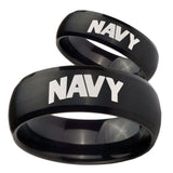 Bride and Groom Navy Dome Brush Black Tungsten Carbide Mens Ring Personalized Set