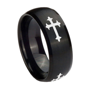 10mm Christian Cross Religious Dome Brush Black Tungsten Carbide Men's Engagement Band