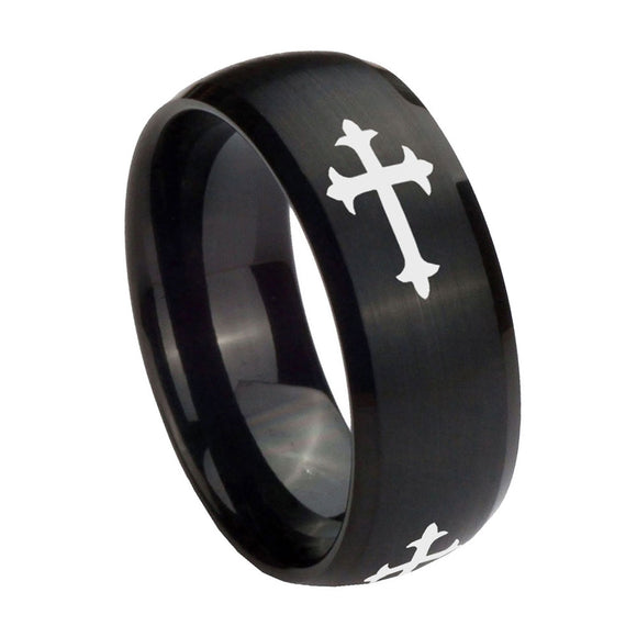 10mm Christian Cross Religious Dome Brush Black Tungsten Carbide Men's Engagement Band