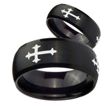 His Hers Christian Cross Religious Dome Brush Black Tungsten Mens Ring Personalized Set