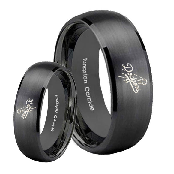 His and Hers LA Dogers MLB Baseball Dome Brush Black Tungsten Mens Ring Set