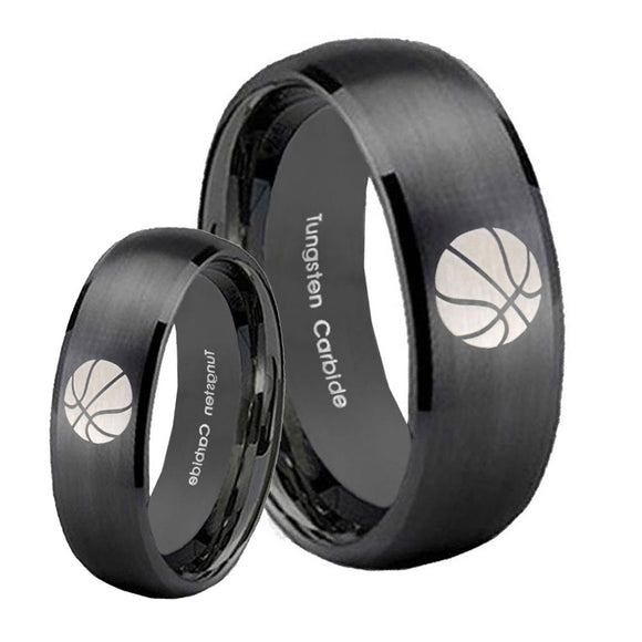 Bride and Groom Basketball Dome Brush Black Tungsten Carbide Men's Ring Set