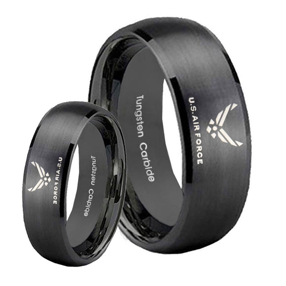 His Hers US Air Force Brush Black Dome Tungsten Carbide Wedding Rings Set