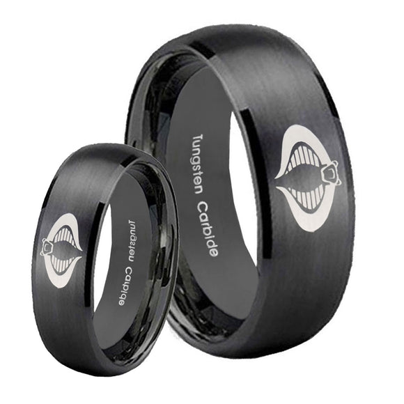 Bride and Groom Cobra Dome Brush Black Tungsten Carbide Engraved Ring Set