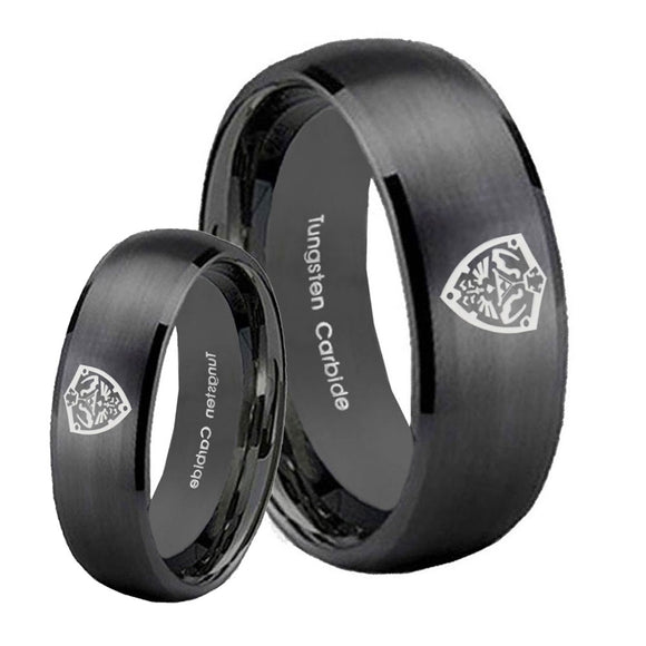 His Hers Zelda Hylian Shield Dome Brush Black Tungsten Engraving Ring Set