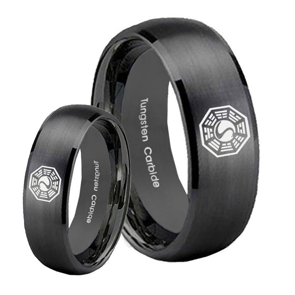 Bride and Groom Lost Dharma Dome Brush Black Tungsten Men's Wedding Band Set