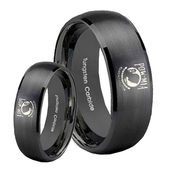 His Hers Military Pow Dome Brush Black Tungsten Mens Anniversary Ring Set