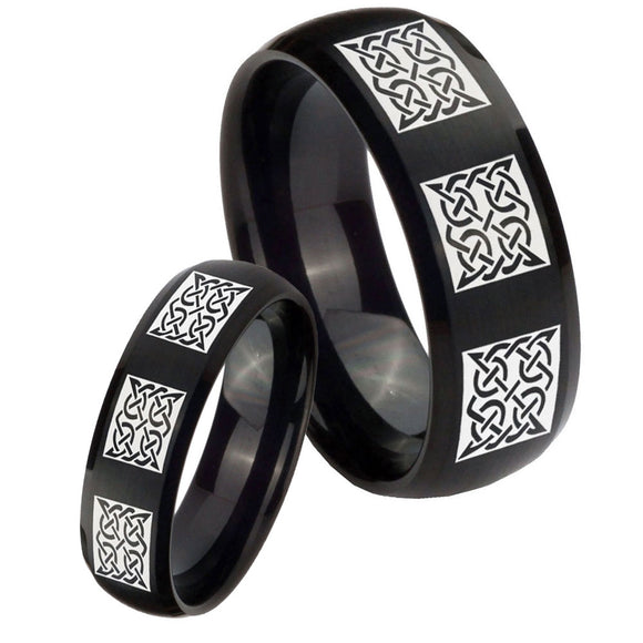 Bride and Groom Multiple Celtic Dome Brush Black Tungsten Engagement Ring Set