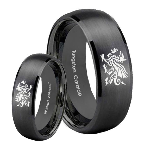 Bride and Groom Dragon Dome Brush Black Tungsten Carbide Rings for Men Set