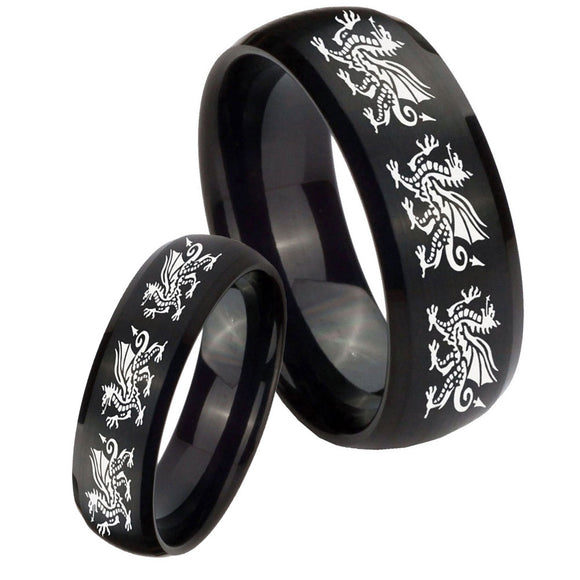 His and Hers Multiple Dragon Dome Brush Black Tungsten Mens Promise Ring Set
