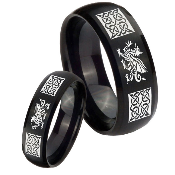His and Hers Multiple Dragon Celtic Dome Brush Black Tungsten Men's Ring Set
