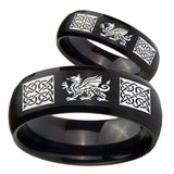 His and Hers Multiple Dragon Celtic Dome Brush Black Tungsten Men's Ring Set