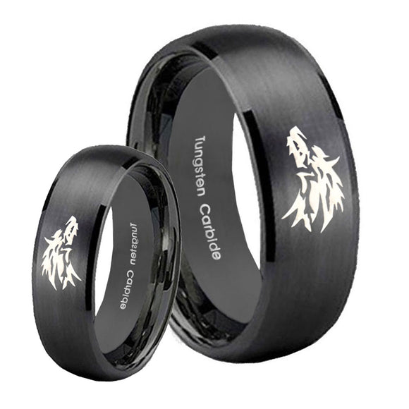 Bride and Groom Wolf Dome Brush Black Tungsten Carbide Men's Wedding Ring Set