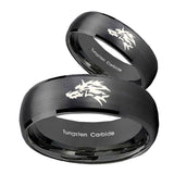 Bride and Groom Wolf Dome Brush Black Tungsten Carbide Men's Wedding Ring Set