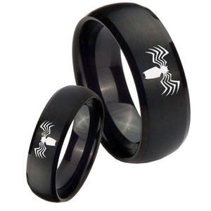 Bride and Groom Spider Dome Brush Black Tungsten Carbide Wedding Band Ring Set