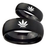 His and Hers Marijuana Leaf Dome Brush Black Tungsten Mens Promise Ring Set