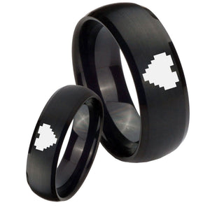 His Hers Zelda Heart Brush Black Dome Tungsten Carbide Wedding Rings Set