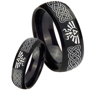 His and Hers Celtic Zelda Dome Brush Black Tungsten Men's Promise Rings Set