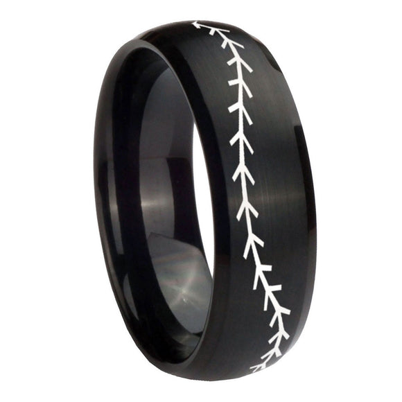10mm Baseball Stitch Dome Brush Black Tungsten Carbide Men's Wedding Ring
