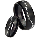 His Hers Baseball Stitch Dome Brush Black Tungsten Mens Ring Personalized Set