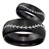 His Hers Baseball Stitch Dome Brush Black Tungsten Mens Ring Personalized Set