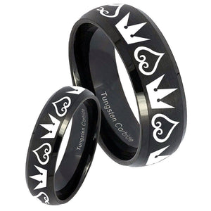 His Hers Hearts and Crowns Dome Brush Black Tungsten Mens Wedding Band Set