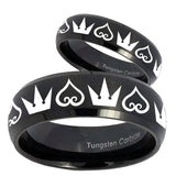 His Hers Hearts and Crowns Dome Brush Black Tungsten Mens Wedding Band Set