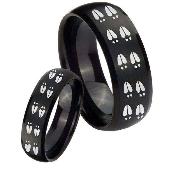 Bride and Groom Deer Tracks Dome Brush Black Tungsten Carbide Engraved Ring Set