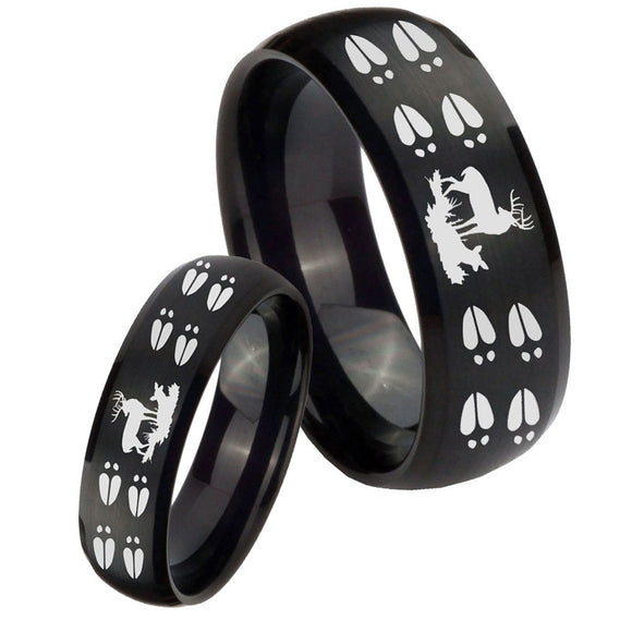 His Hers Deer Hunting Tracks Dome Brush Black Tungsten Men's Band Ring Set