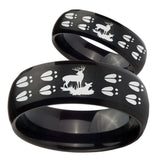 His Hers Deer Hunting Tracks Dome Brush Black Tungsten Men's Band Ring Set