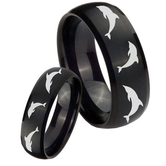 Bride and Groom Dolphins Dome Brush Black Tungsten Carbide Mens Bands Ring Set