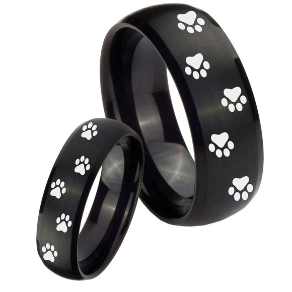 Bride and Groom Paw Print Dome Brush Black Tungsten Carbide Men's Bands Ring Set