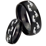His and Hers Foot Print Dome Brush Black Tungsten Men's Engagement Band Set