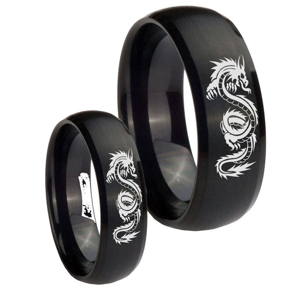 Bride and Groom Dragon Dome Brush Black Tungsten Carbide Men's Promise Rings Set