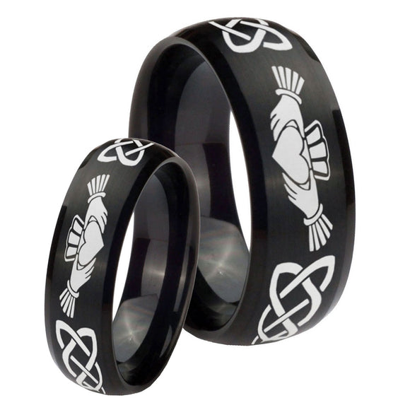 Bride and Groom Irish Claddagh Dome Brush Black Tungsten Rings for Men Set