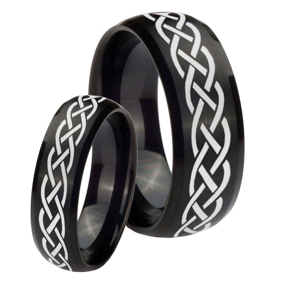 His Hers Celtic Knot Dome Brush Black Tungsten Mens Ring Personalized Set