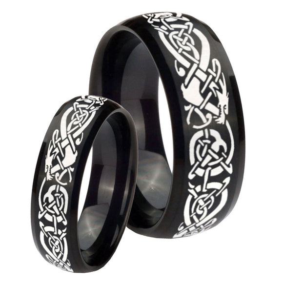His Hers Celtic Knot Dragon Dome Brush Black Tungsten Wedding Band Ring Set