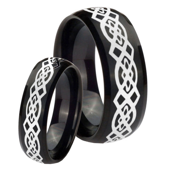 His Hers Celtic Knot Dome Brush Black Tungsten Wedding Engagement Ring Set
