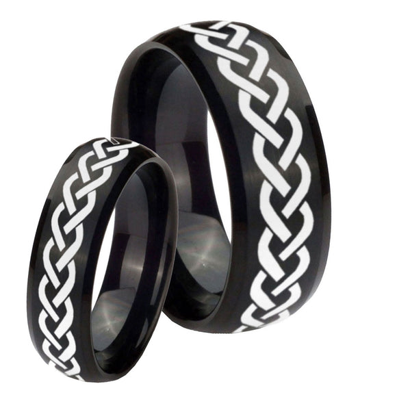 His Hers Laser Celtic Knot Dome Brush Black Tungsten Mens Ring Personalized Set